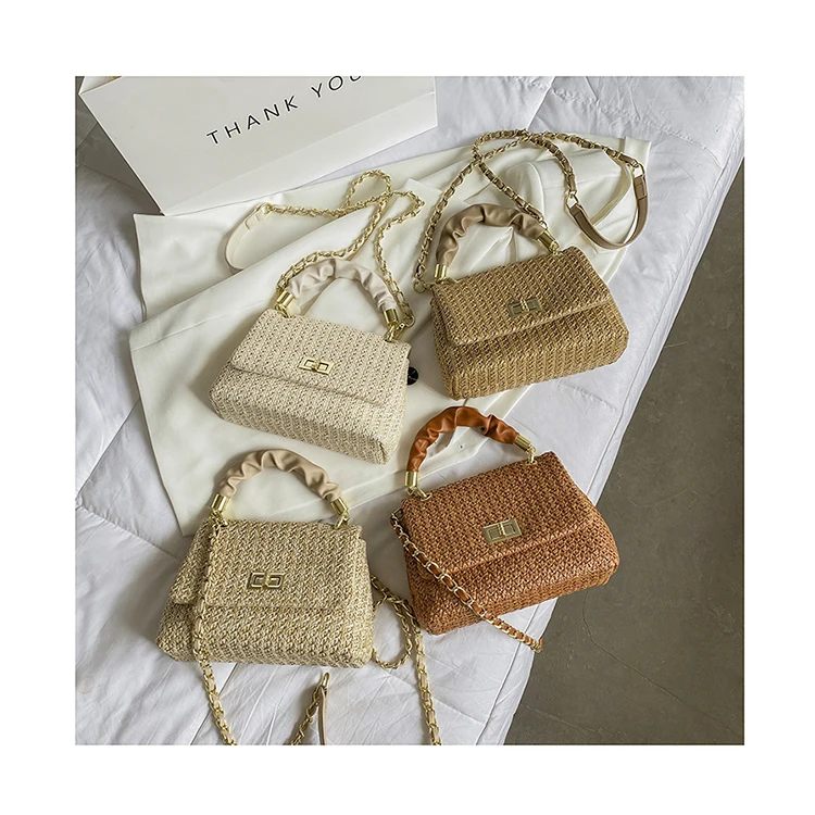 

Folds Handle Small Summer Straw Crossbody Bags Women Turn-lock Shoulder Knitting Handbags Chain Lady Fashion Woven Beach Purses