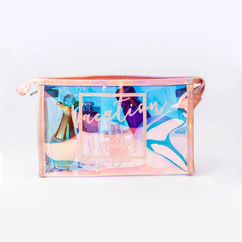 

ladies custom print clear pvc large holographic makeup hologram travel cosmetic bag private label with logo for women