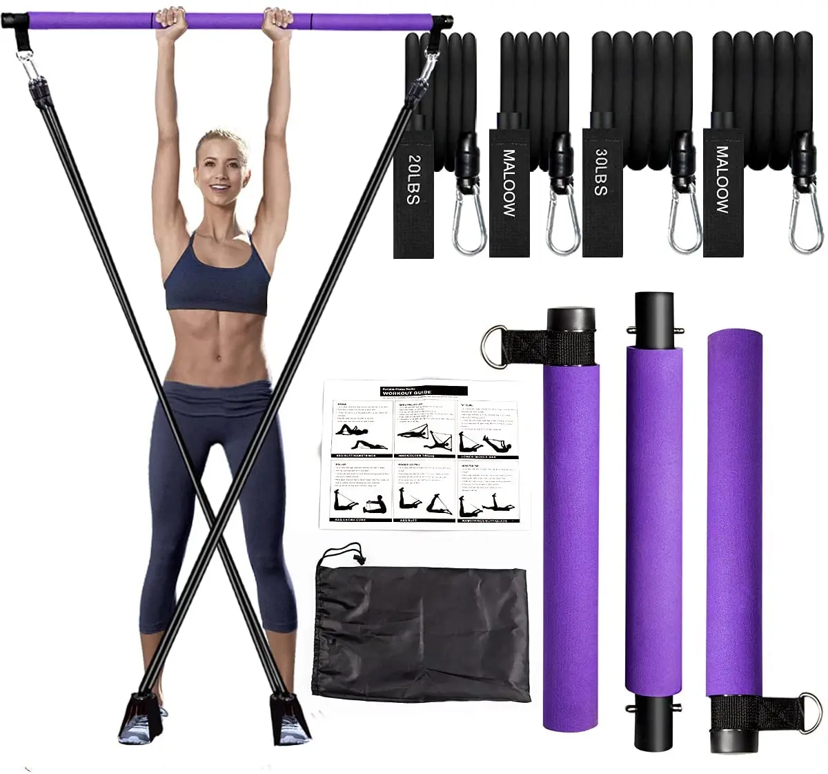 

Bilink 3 section portable yoga pilates bar kit with resistance bands exercise stick, Pueple