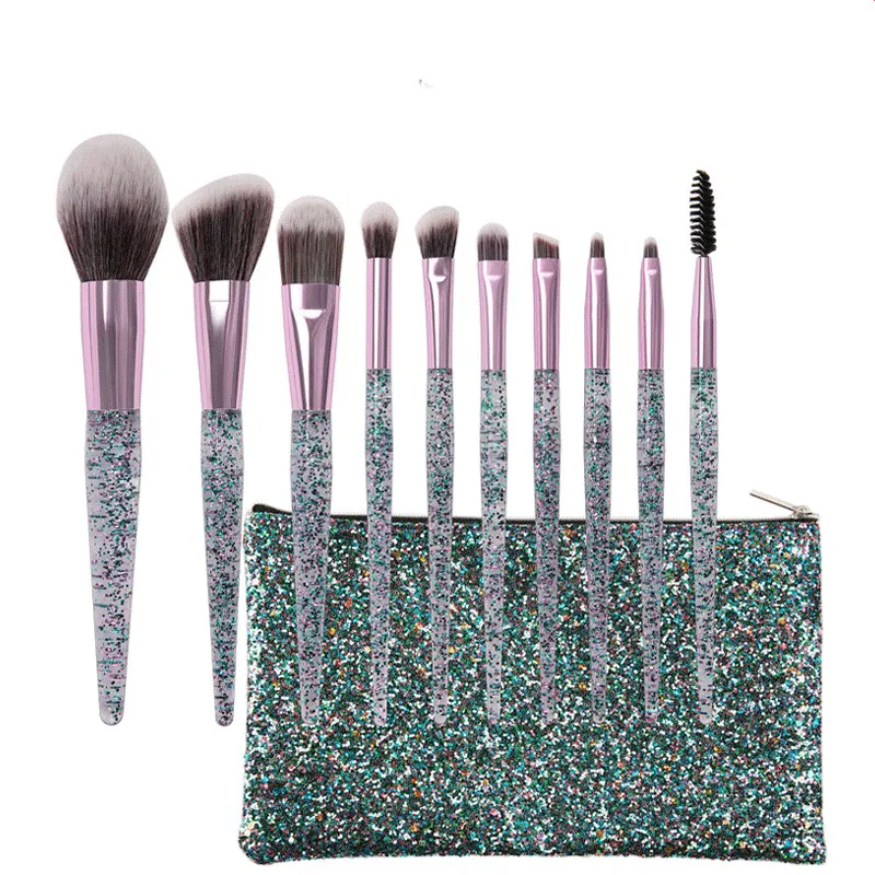 

10pcs Bling Makeup Brush Set with Bag Eye Brush Beauty Tools Fan Powder Eyeshadow Contour Beauty Crystal For Make Up Tool, Pink