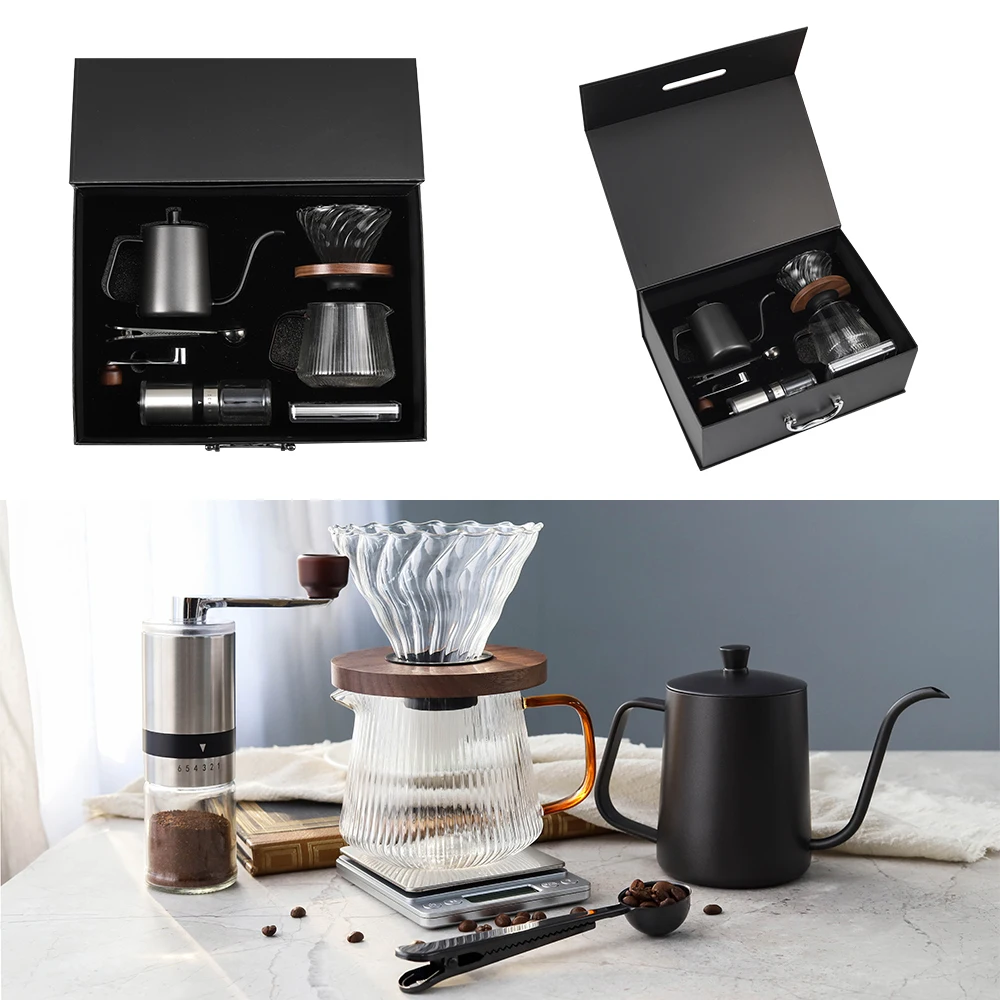 

Hot Sale Outdoor Modern Manual Drip Travel Bag Packaging Grinder Pot Kettle Pour Over Coffee Maker grinder Set gift box