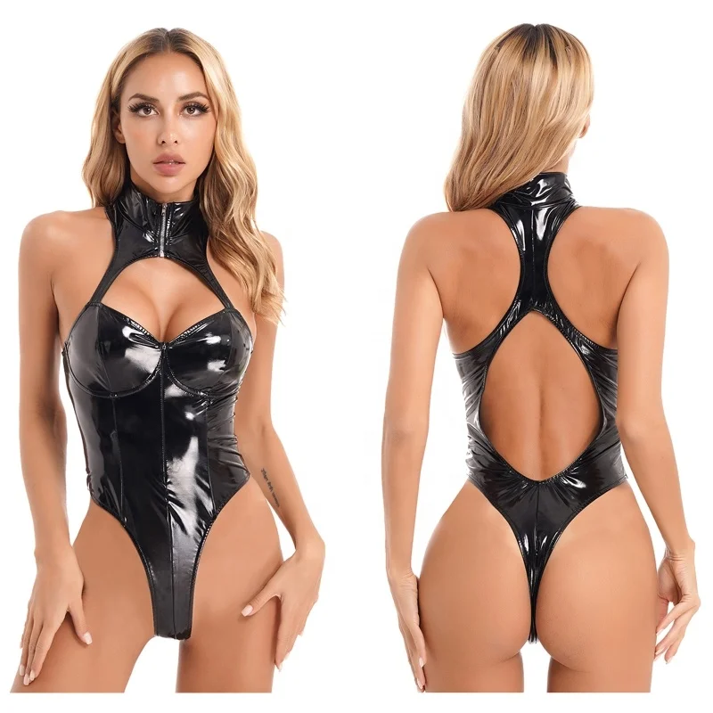 

Newest Womens Club Stage Performance Costume Wet Look Patent Leather Sleeveless Bodysuit Zipper Mock Neck Cutout Catsuit
