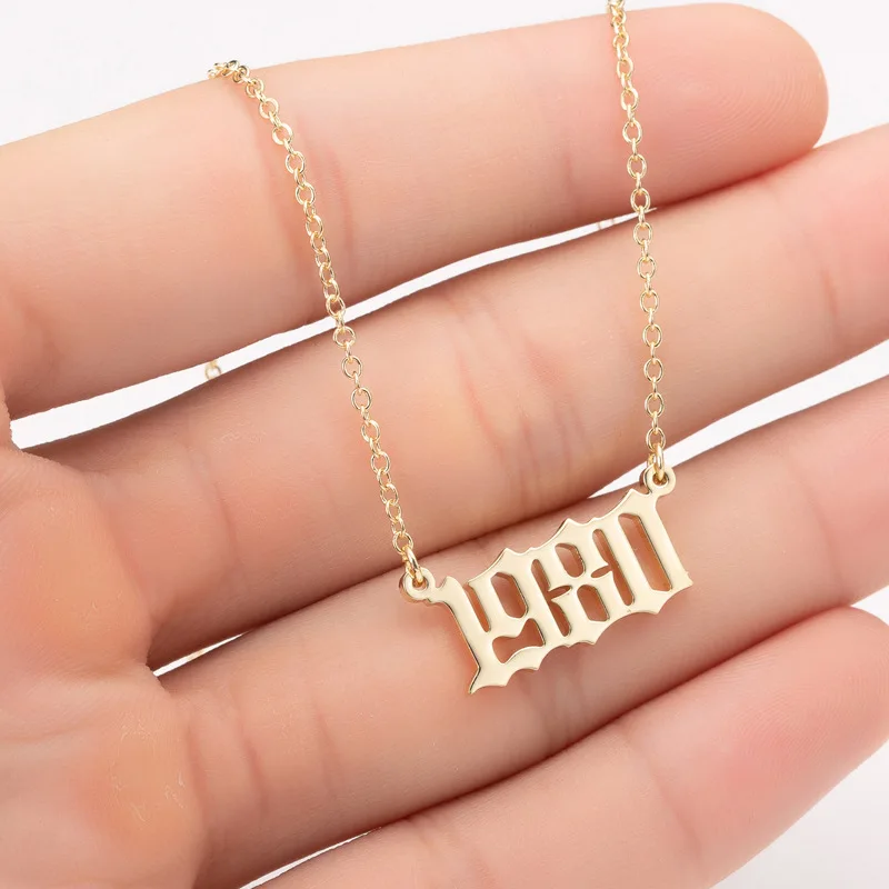 

1980 to 2021 Stainless Steel Gold Old English Year Number Pendant Necklace Personalized Birth Year Necklace for Birthday Gift