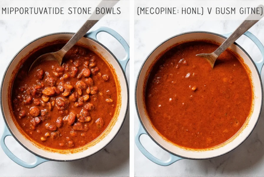 Side-by-side comparison of chili in appropriate stoneware bowl versus inappropriate glass bowl showing condensation and cooling differences