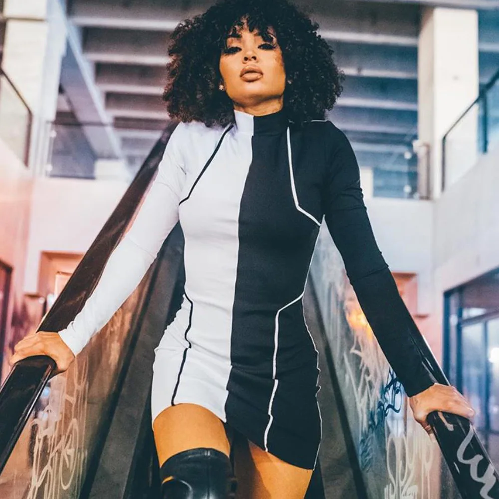 Women new Sports slim Casual dress 2020 fashion High elastic Two color stitching turtleneck Long Sleeve Mini Dress mujer