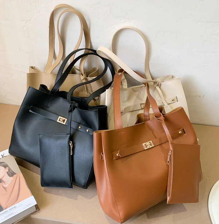 

2 Pcs/Set Pu Leather Fashion Ladies Tote Bucket Handbag and Purse Set for Women
