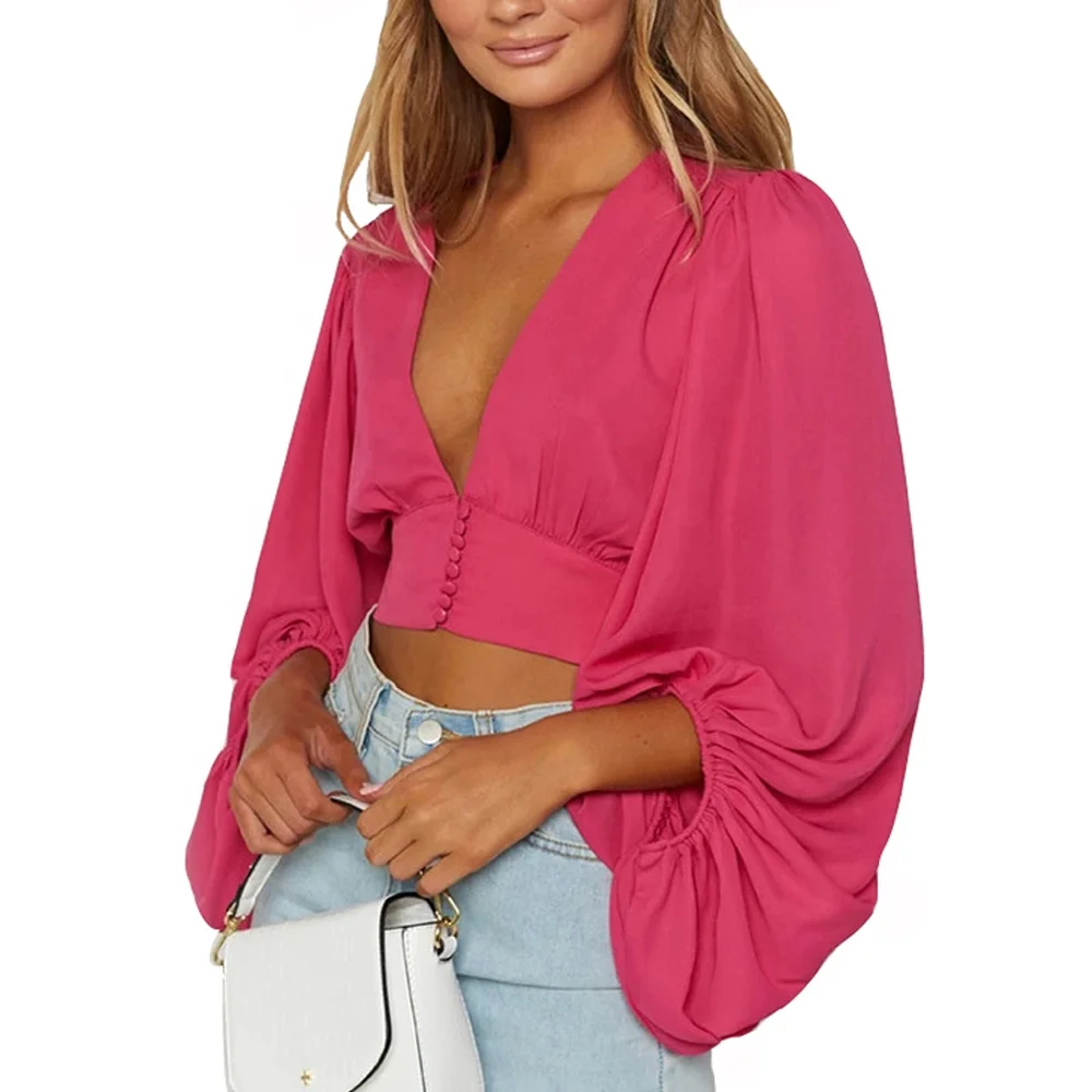 

Women's White Sexy Deep V Neck Long Puff Sleeve Slim Fitted Crop Tops Pixie Blouse