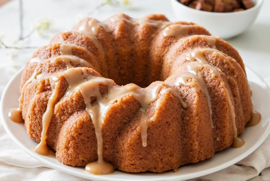 Step-by-step process showing cinnamon bundt cake batter being poured into intricately greased pan