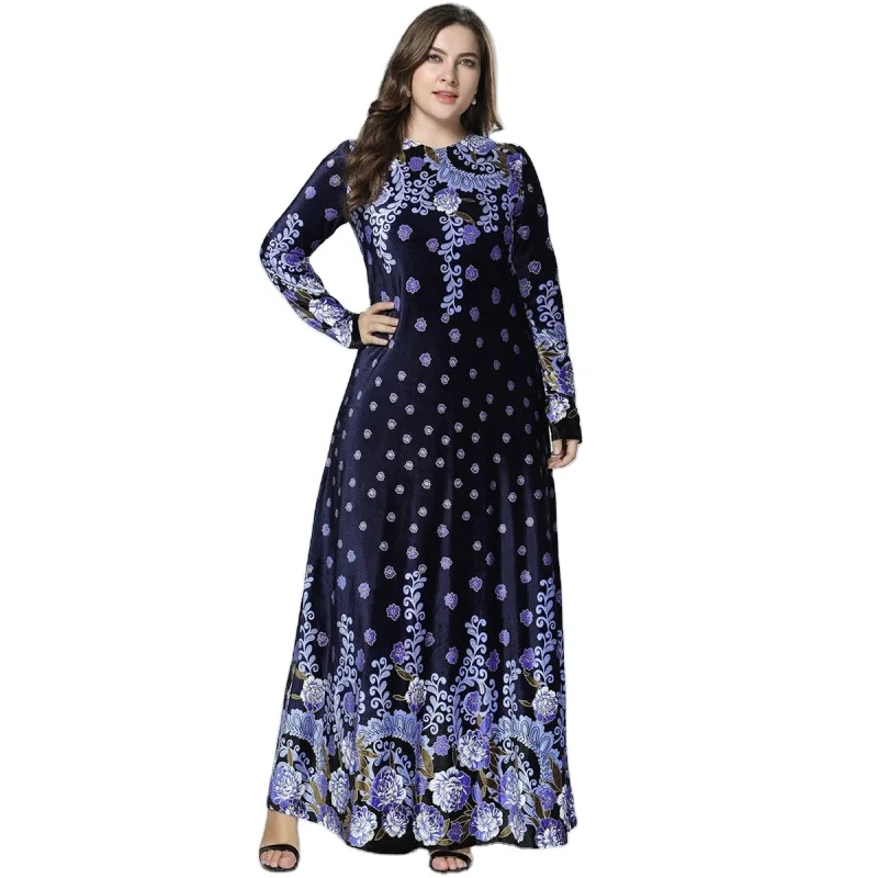 

New Abaya Muslim Dresses Arabic Velvet Pakistani Dubai Islamic Print Warm Dress Navy Blue Vestido