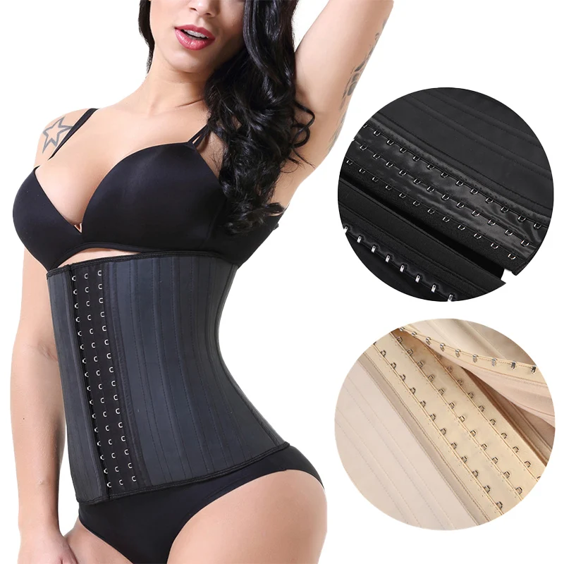 

OEM Custom 25 Steel Bone Latex Waist Trainer Corset Plus Size  Firm Control With Hook Waist Trainer, Black beige