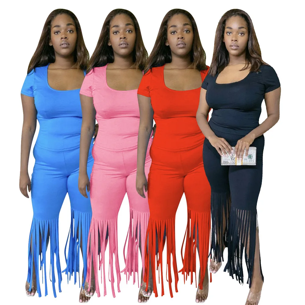 

Print Logo casual solid color short sleeve fringed pants ladies tracksuit chic 2 piece set women