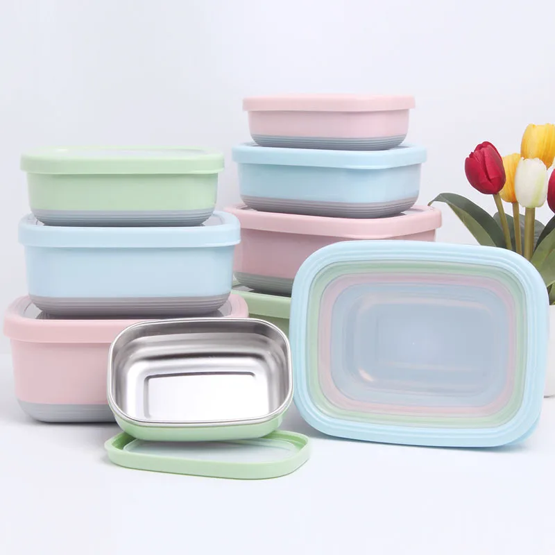 

Hot Sale 470ml 900ml 1400ml 2100ml Silicone Lunch Boxes Stainless Steel Reusable Leak Proof Camping Food Storage Container, Original or customized