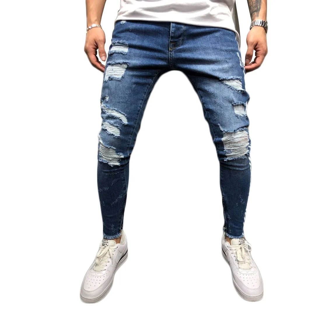 

Mens Blue Side Striped Skinny Ripped Denim Jeans