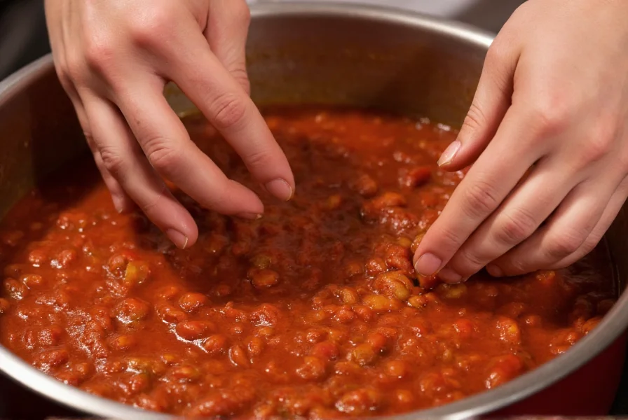 Close-up of hands stirring chili in pot showing proper texture and consistency