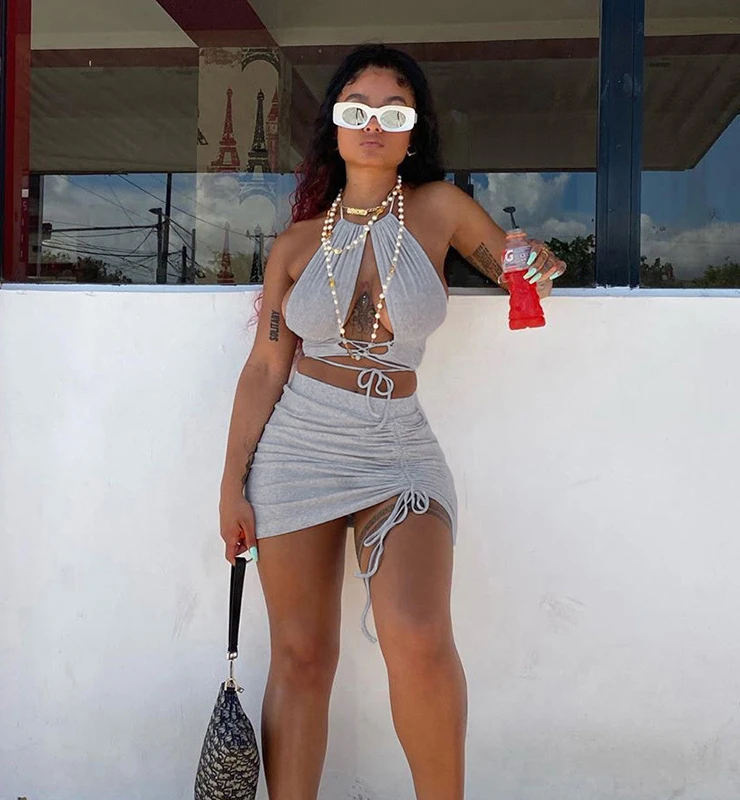 

Dvacaman Summer 2021 Trendy New Arrivals Casual 3 Color Women Sexy Crop Top Hollow Out Bandage Halter 2 Piece Ruffles Skirt Set, Black white grey