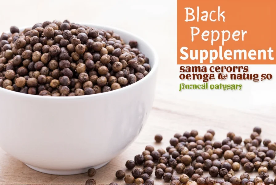 Close-up view of black pepper supplement capsules next to whole black peppercorns showing the concentration difference