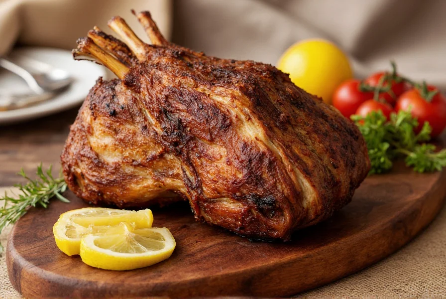 Perfectly roasted lamb shoulder with cumin spices, golden brown exterior, served with lemon wedges and fresh herbs on a wooden platter