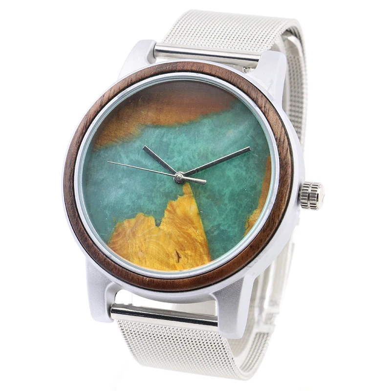 

High Quality Luxury Metal Wood Quartz wrist Watches Resin Dial colorful Watches, Silver