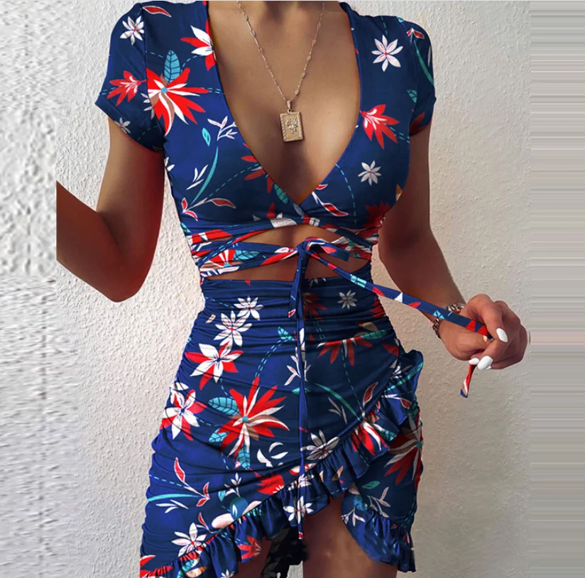 

XQM Fashion Tie Up Wrap Mini Dress Summer Ruffles Women's Clothing Ruched V-Neck Print Irregular Dress