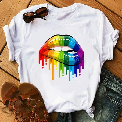 

2021 Vogue Love Lips Print Casual Harajuku Tee Shirts Summer Short-Sleeved T-Shirt Printed Woman Tops Female Graphic T Shirts