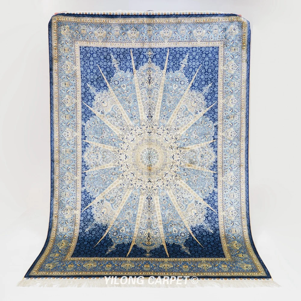 

YILONG 5'x7' Blue Radial Pattern Handmade Area Rug Royal Bedroom Art Silk Carpet