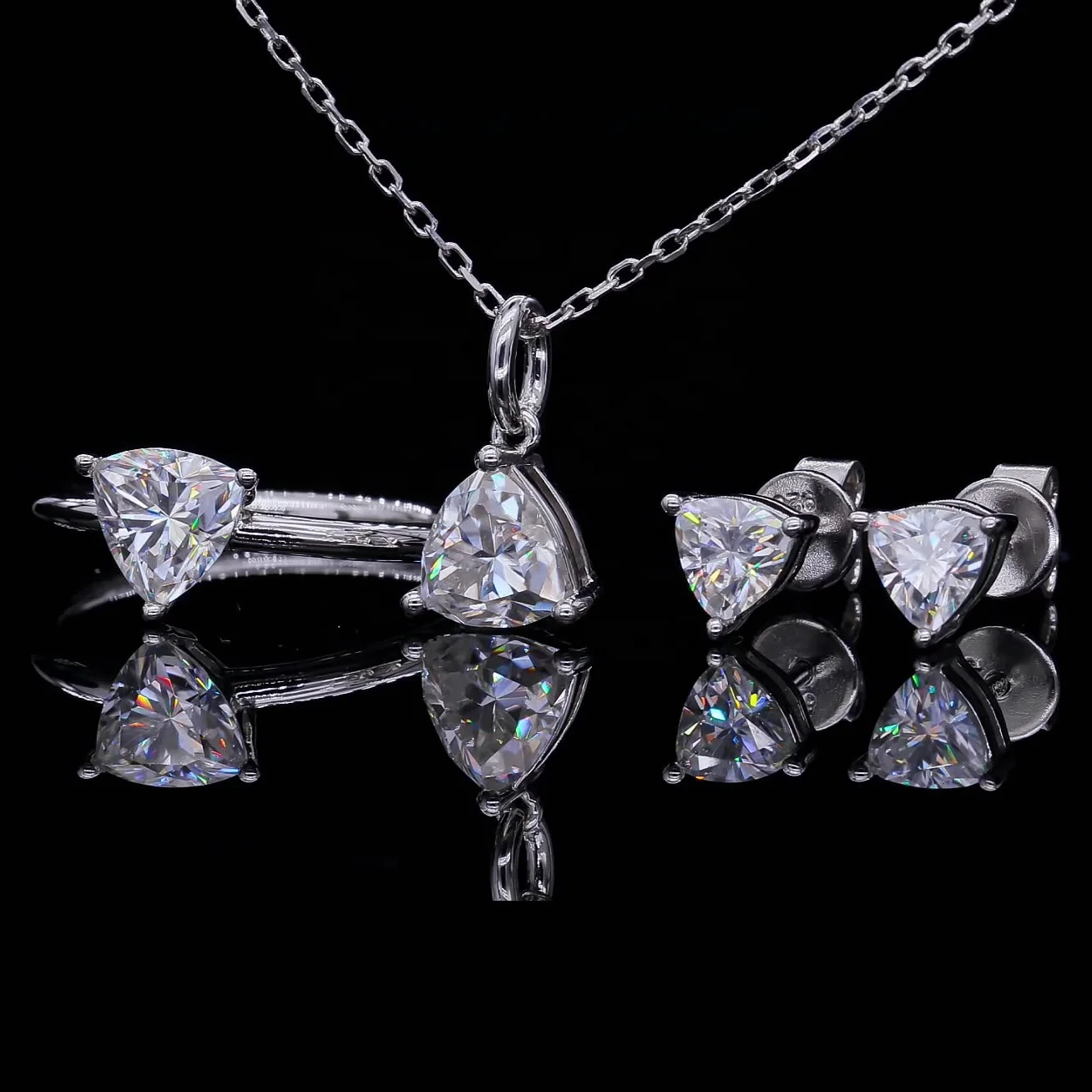 

Abiding Jewelry Wholesale Trillion Shape Moissanite Diamond 925 Silver Gold Plated Jewelry Set