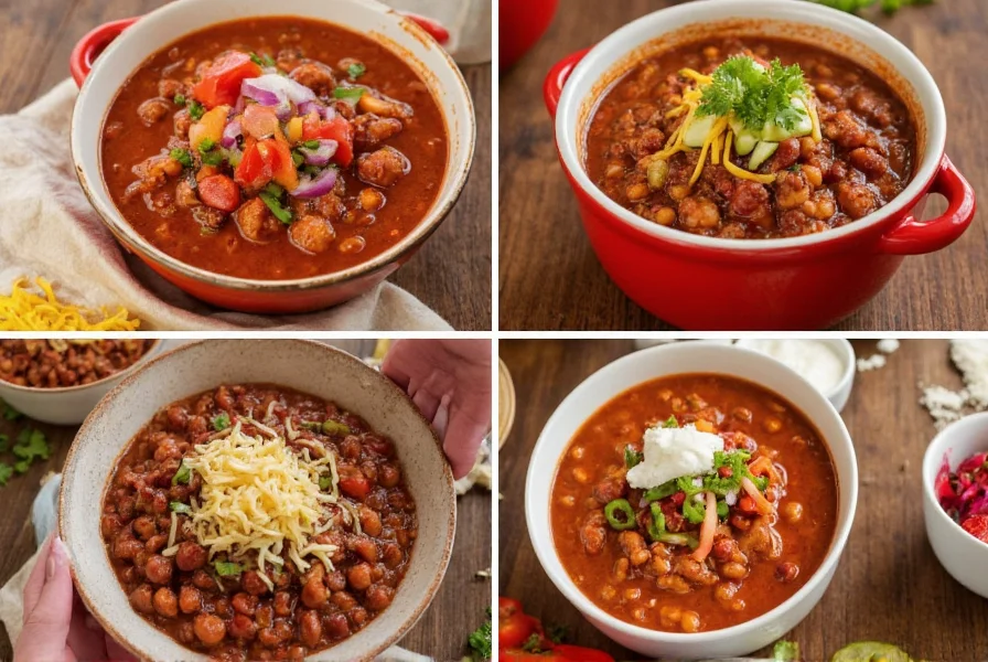Four different chili styles in bowls showing Texas red, Cincinnati, Colorado, and vegetarian variations with appropriate toppings
