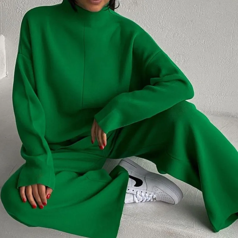 

2022 Spring Loose Long Sleeve Knitwear Flare Pants Two Piece Sets Women's Tracksuit Set