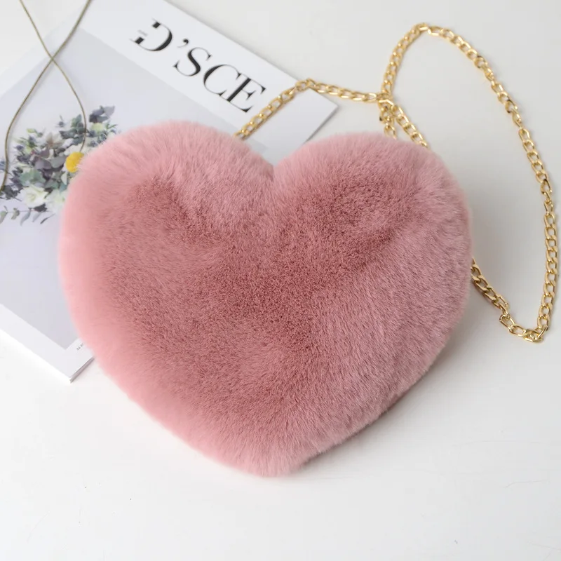 

Factory direct heart shape luxury plush shoulder bags promotional gift fluffy fur crossbody bags with metal chain, As show