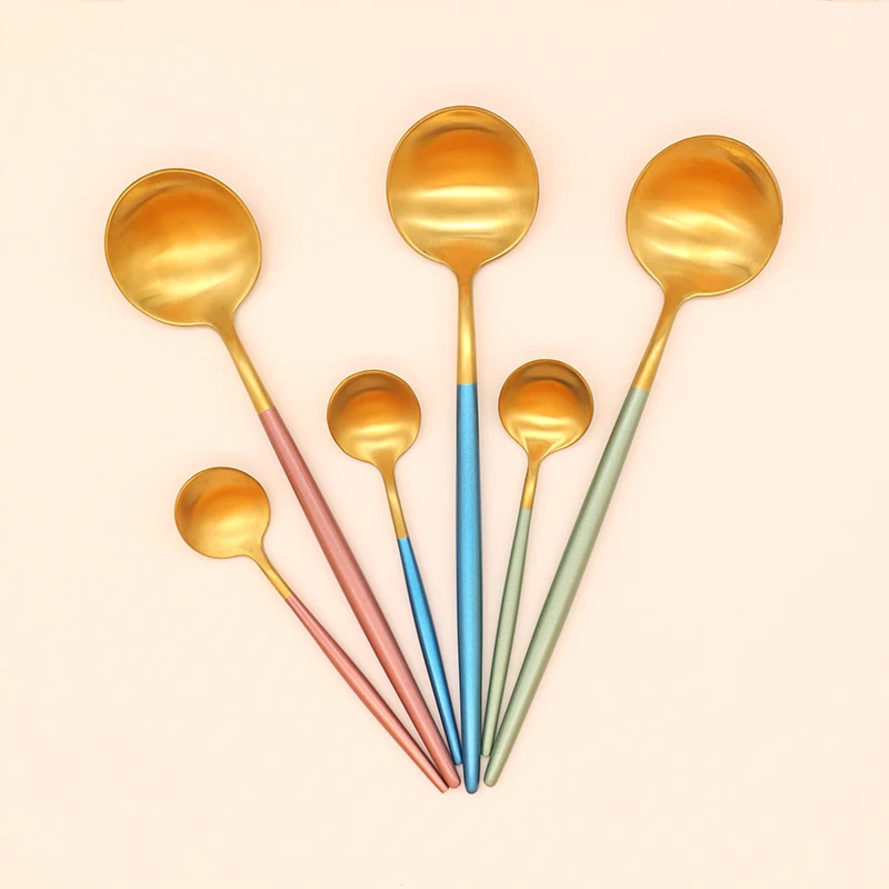

304 stainless steel mini spoons for snacks strong kid safe spoon little children dessert spoon Fast delivery factory direct sale, Golden,light green,pink,silvery,white,blue