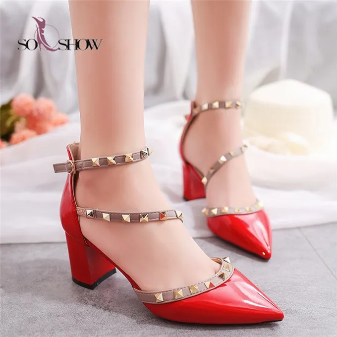 

China Wholesale Custom Stylish Ladies Block Shoes with rivet Thick High Heel Shoes For Women