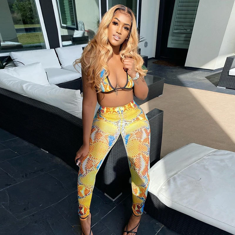 

summer snake skin print sexy tube crop top and pants 2 piece set women clothing