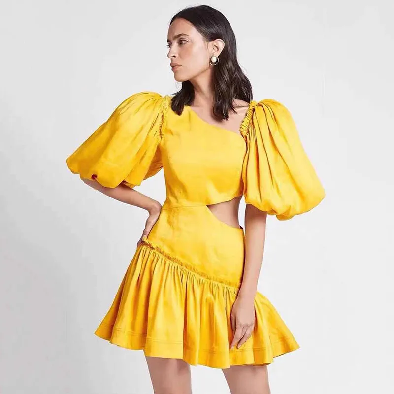 

A4677 2021 New Yellow White Puff Sleeve Cutout Ladies Dresses Summer Casual Dresses Women