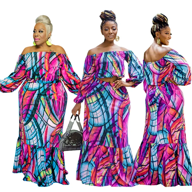 

JK-Y1381 Hot Sale Plus Size Dress Sexy Off Shoulder Print Woman Long Maxi Dress Two Piece Skirt Set, Picture color