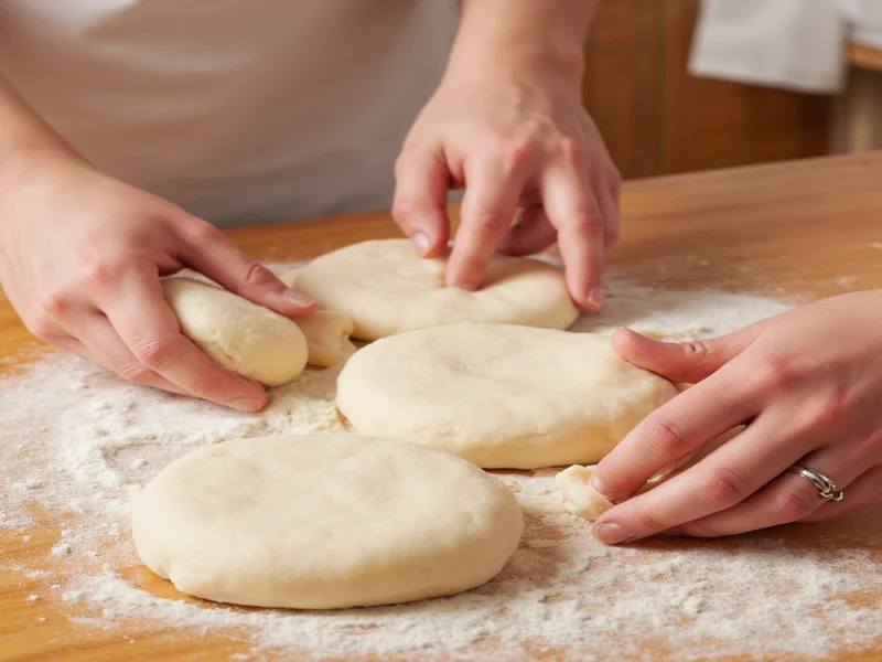 Hands shaping soft burger bun dough into perfect rounds