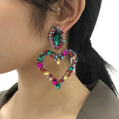 

Exaggerated Statement Colorful Rhinestone Heart Earrings Large Crystal Heart Dangle Earrings For Women Girls