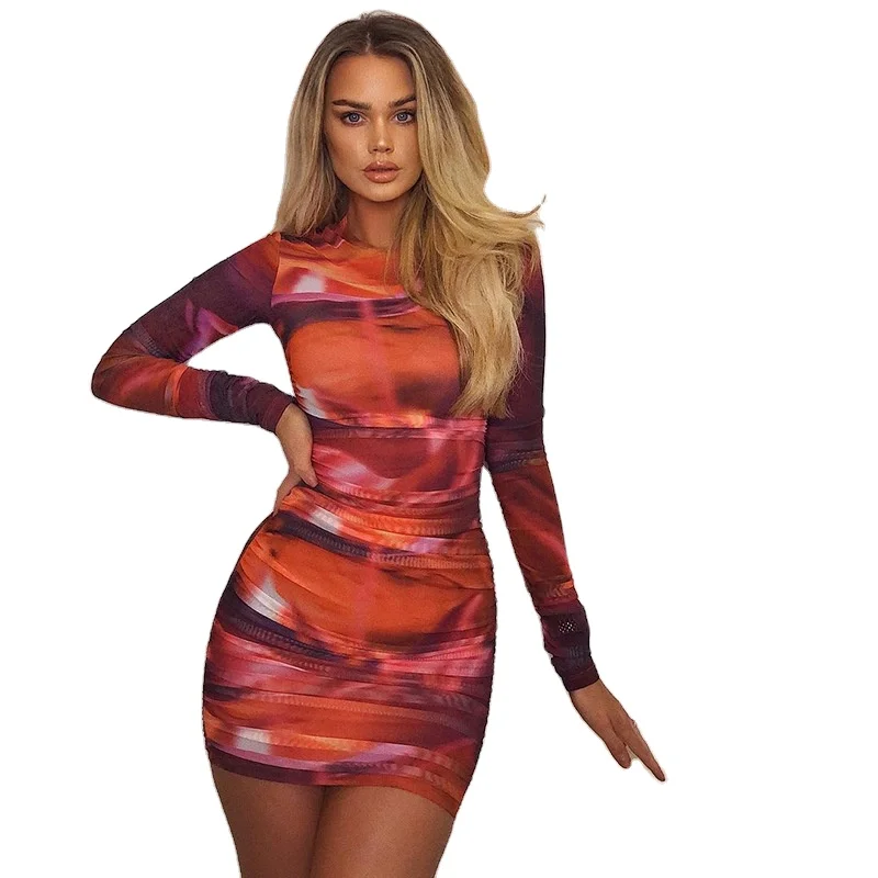 

European and American women's spring and summer new hot print slim body sexy long sleeve pleats wrap buttock nightclub dress