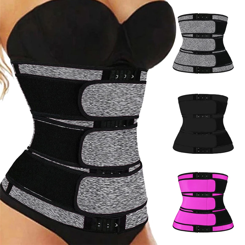 

3 Straps Three Belts Hook Neoprene Women Lady Fitness Slimming Sauna Sweat Corset Cincher Belt Waist Trainer With Personal Logo, Red, black,grey