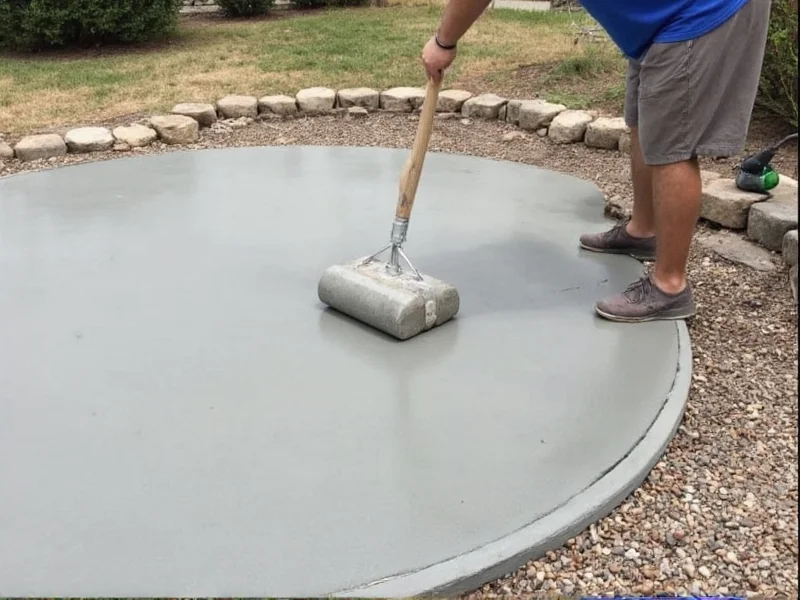 Smoothing concrete surface with a bull float during patio pour