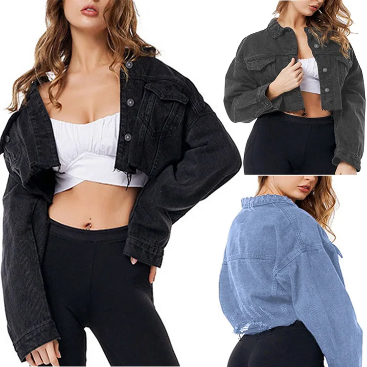 
Women Jean Denim Jaket Custom Crop Jacket Short Color Black Coat Boyfriend Jacket 