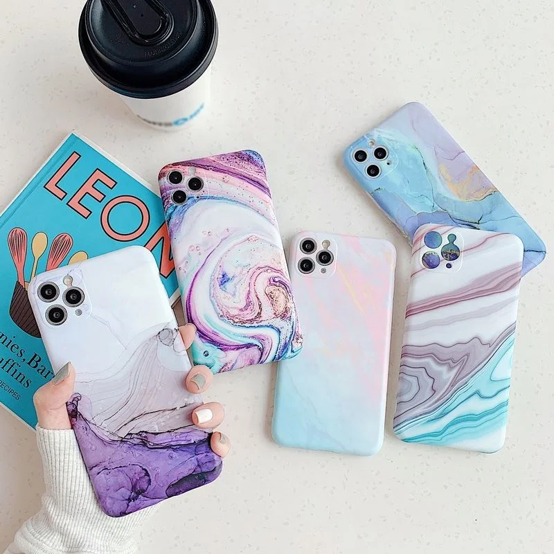 

2021 Fashion Matte Marble Texture Stone Phone Case For Iphone 11 Pro Max 12 12Mini X Xr Xs 7 8 Plus Soft Imd Back Cover, Purple pink green blue white