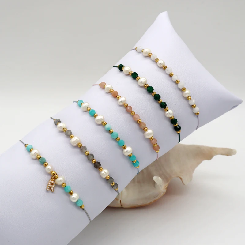 

latest design 925 silver letter charm with white CZ gold plated, fresh water pearl and faceted amazonite beads bracelet