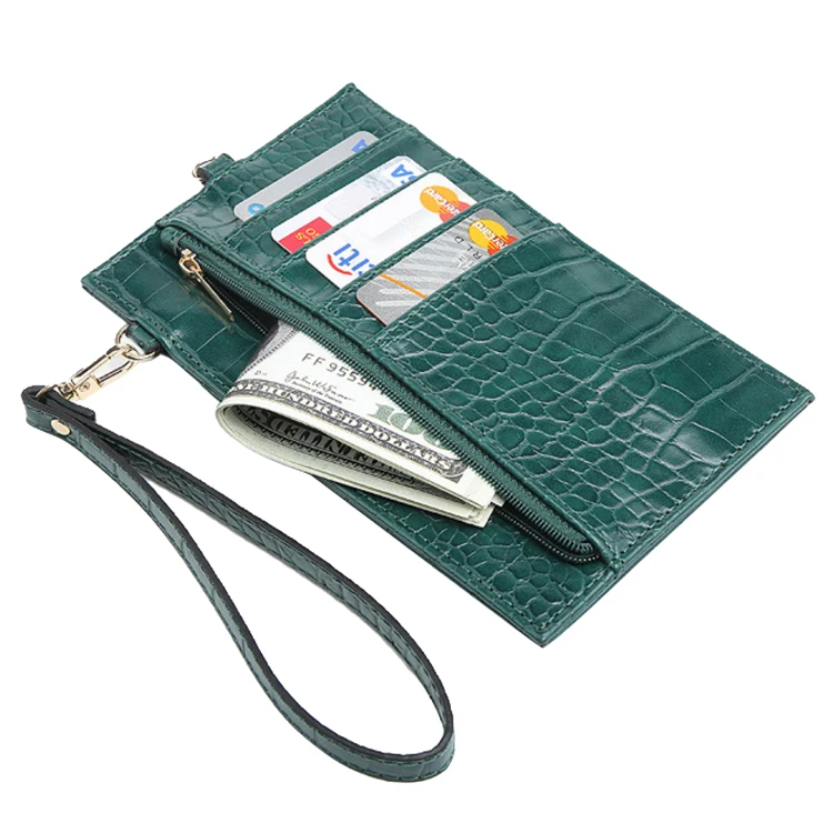 

Wholesale Large Capacity Crocodile Leather Ladies Smart Clutch Purse Wallet Card Holder Wallet With Strap Wrist, Green or custom