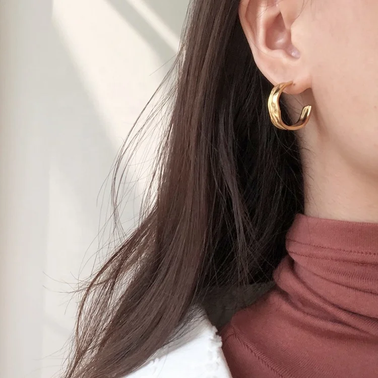 

Simple Irregular Geometric Open Hoops Stainless Steel Punk Earrings 18K Gold Plated Textured Geometric Hoop Earrings, Gold/silver/rose gold