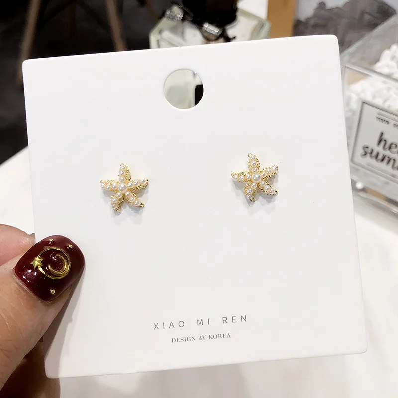 

JUHU New Pearl Starfish S925 Silver Ear Nail Korea East Gate Exquisite Small Cute Sweet Star Net Red Earrings, Gold