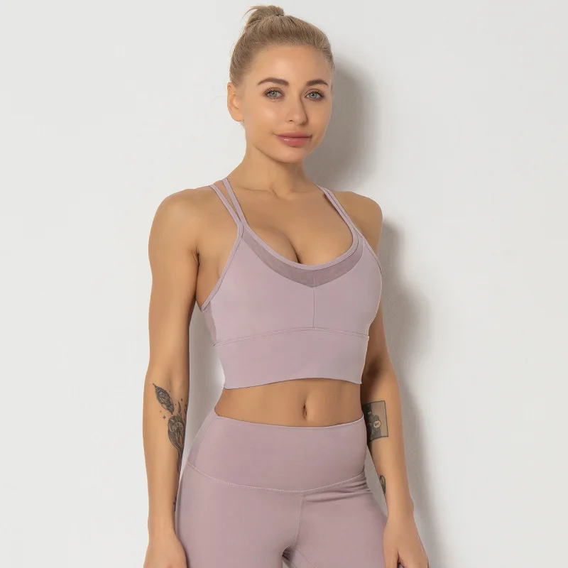 

2021 Sexy Backless Sports Bras Women Mesh Yoga Crop Tops High Stretch Fitness Tops Sportswear Gym Workout Sports Tank Yoga Bras, Light blue, light purple, army green, black gray, navy blue