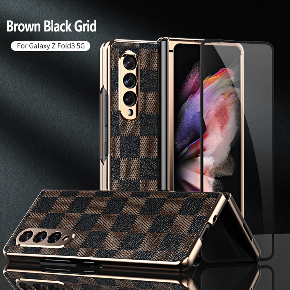 

Luxury Full Coverage Case For Samsung Galaxy Z Fold 3 Phone Protector Cover For Galaxy Z Fold 3 Non-Slip Lattice Case With Glass