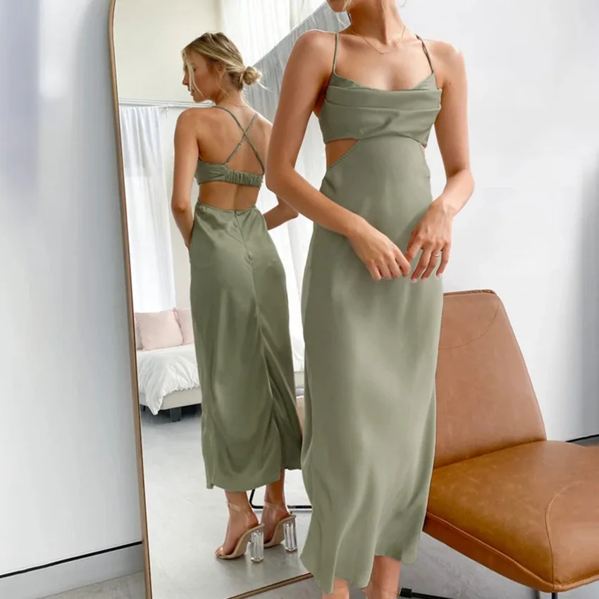 

WD005 high quality Stain Solid color sexy long backless prom dress women clothing dresses sleeveless satin backless dress, Gray green black