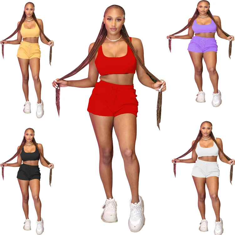 

DUODUOCOLOR New style fashion casual solid color sports vest summer 2021 shorts two piece set women D10407