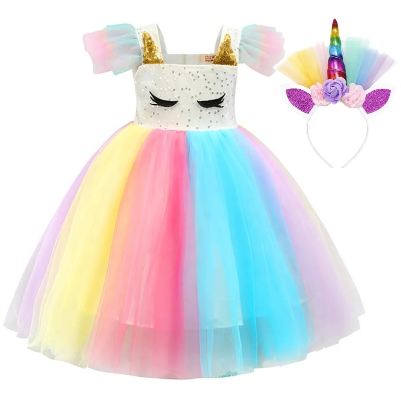 

Hot Sell Children's Skirt Girl's Colorful Mesh Tutu Girl Dresses Princess Sequin Unicorn Dress